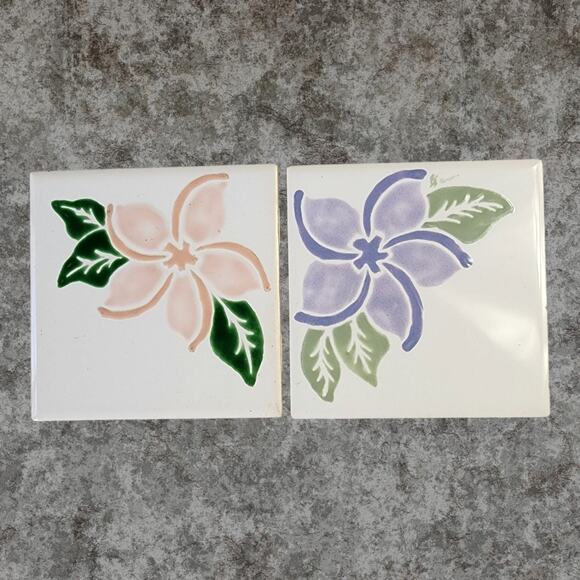 2 Hand-painted Plumeria Ceramic Tiles 5.25" VTG 80s Sri Lanka Walltiles Flowers - Picture 1 of 9